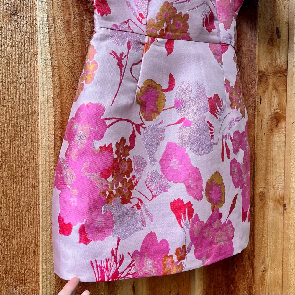 Pink and Orange Multi Floral Jacquard Puff Sleeve Mini Dress - Picture 3 of 11